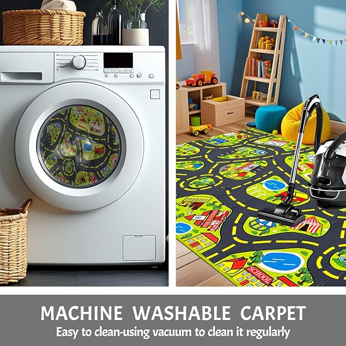 Car Rug 2.6x5 Feet, Car Mat for Kids Race Track Rug Road Play Mat with Roads City Map Design