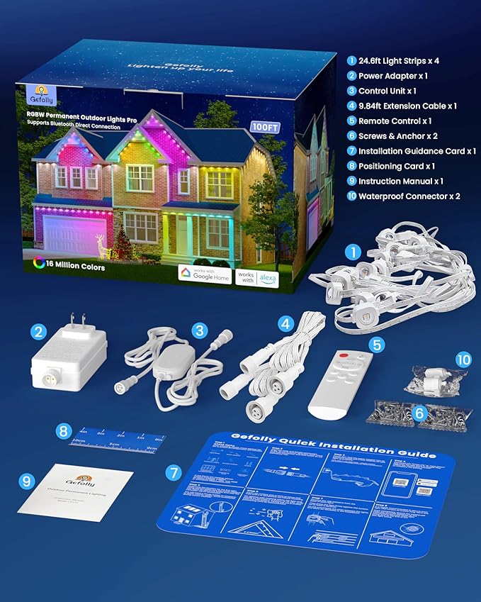 Gefolly Permanent Outdoor Lights Pro, 100ft with 60 RGBW Double-LED Lights 111 Scene Modes for Daily, Halloween, Christmas, IP67 Waterproof for Outdoor Decor, Works with Alexa, Google Assistant, White