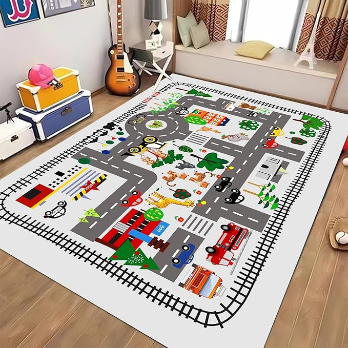 Kids Car Playmat, Kids Rug for Playroom Car Mat Town City Road Traffic Rugs, Play Mat for Floor, Extra Large Boys Kid Car Track Play Rug (Style Five, 78.7X 59 INCH)