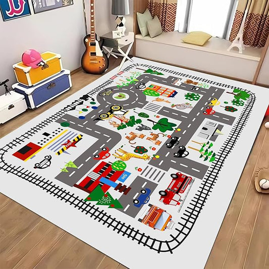 Kids Car Playmat, Kids Rug for Playroom Car Mat Town City Road Traffic Rugs, Play Mat for Floor, Extra Large Boys Kid Car Track Play Rug (Style Five, 78.7X 59 INCH)