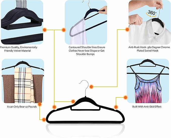 Premium Velvet Hangers, [50 Pack] Non Slip and Heavy Duty Velvet Suit Hangers (45cm) with Tie Bar, 360° Swivel Hooks, Sturdy to Hold Jumper, Pullovers, Jackets & Hoodies (50 Pack, Black)