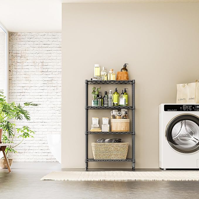 IZEUK 4 Tier Steel Storage Shelves, Heavy Duty Metal Shelf Wire Shelving Rack for Pantry, Kitchen, Living Room, or Office Organization (11.8" D x 25.6" W x 45.5" H, 1000LBS, Black)