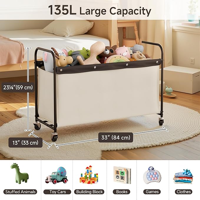 StorageWorks Toy Chest Storage with Wheels, Extra Large Kids Toy Box, Toy Storage Organizer, Metal Toybox for Bedroom, Living Room Area, Kids Room, 135L, Beige