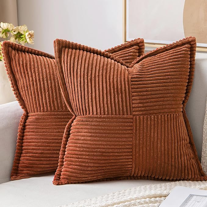 MIULEE Dark Rust Fall Decorative Throw Pillow Covers for Couch Bed Livingroom 18x18 Inch Set of 2 Boho Accent Throw Pllows Broadside Striped Patchwork Soft Corduroy Pillowcases