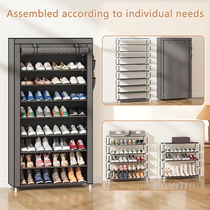Laiensia 9-Tier Vertical Shoe Rack Organizer, Space Saving Shoe Storage Organizer, Non-Woven Cover Shoe Shelf Holds 36-45Pairs for Bedroom, Hallway, Closet Entryway, Grey
