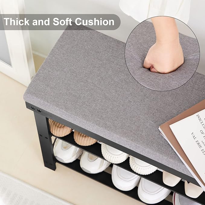 Apicizon 3-Tier Shoe Rack for Entryway, Bamboo Shoe Bench with Cushion Padded Seat, Small Shoe Organizer with Storage for Indoor Entrance Hallway Bedroom Living Room, Black