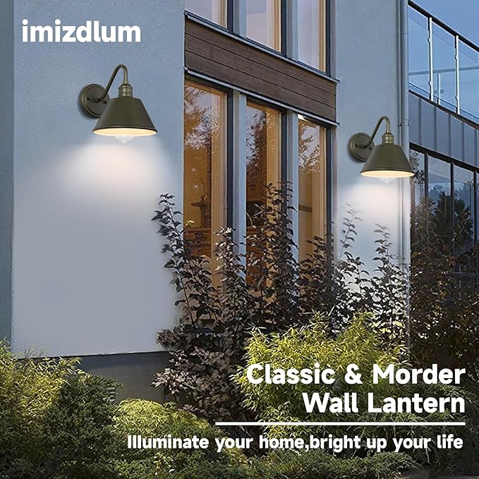 2-Pack Gooseneck Outdoor Light Fixtures, Dark Olive Outdoor Wall Sconces, Farmhouse Barn Light for Porch, Matte Iron Wall Light, Waterproof & Anti-Rust, Garage, Patio, Garden