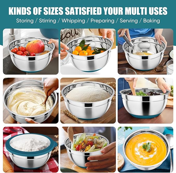 P&P CHEF Blue Mixing Bowls Set of 6, Stainless Steel Mixing Bowl with Visible Lids for Salad, Metal Nesting Serving Bowls for Kitchen Cooking Prepping Storing Food, 4.6/3.5/2.6/2/1.5/1 QT