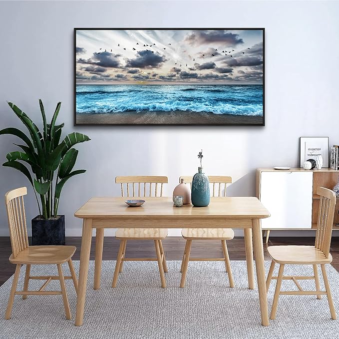 Wapluam Black And White Beach Wall Painting Black Framed Canvas Wall Art For Living Room Wall Decoration For Bedroom Office Wall Decor Blue Sea Wave Pictures Artwork Modern Hotel Room Home Wall Art