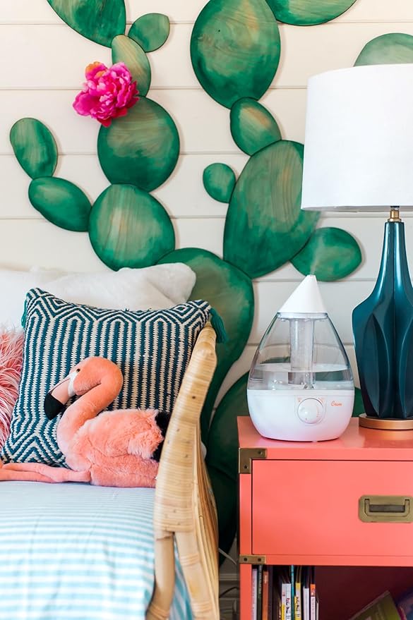 Crane White Teardrop Ultrasonic Cool Mist Humidifier, 1 Gallon Auto Shut-Off for Large Room, Baby Nursery, Bedroom Office, Clear & White