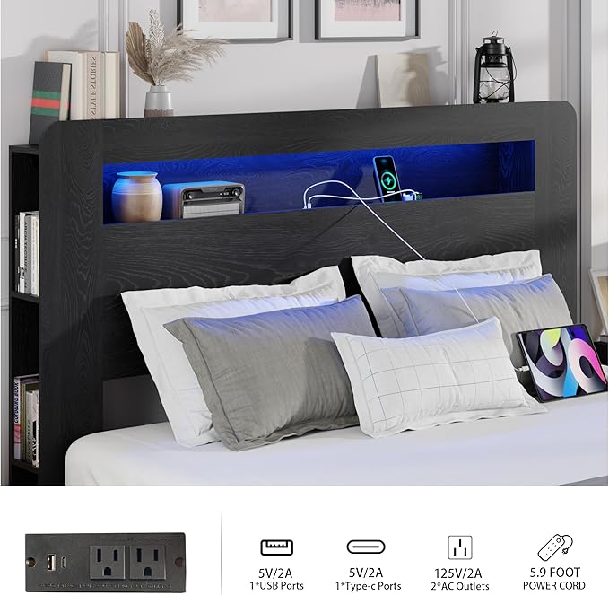 Queen Size Wooden Bed Frame with Bookcace Storage Headboard, Rustic Farmhouse Bedframe with LED Lights and Charging Station, Sturdy and Stable, Slat Support, No Box Spring Required (Black, Queen)