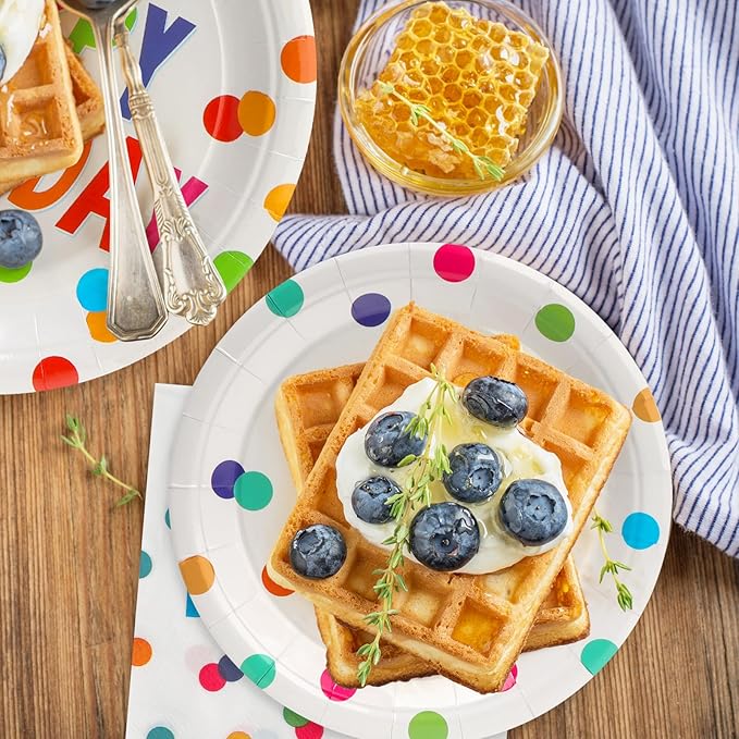 100pcs Birthday Party Plates Disposable Tableware Set Colorful Polka Dots Paper Plates for 25 Guests Party Supplies Baby Shower(Include 7" & 9" Plates, Cups and Napkins)