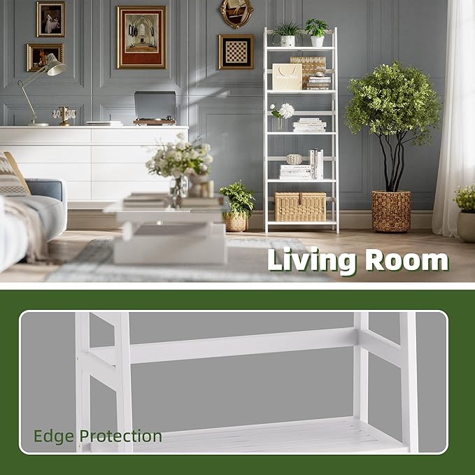 Ladder Shelf, 5-Tier Bookshelf, All Bamboo Heavy Duty Bookcase, Freestanding Open Wood Storage Rack, Modern Corner Display Plant Stand for Living Room, Home Office, Bathroom, Bedroom, White