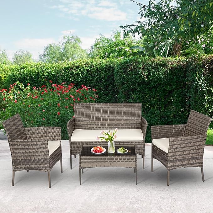 FDW | 4-Piece Patio Furniture Set | Gray & Khakhi | Outdoor Wicker Furniture with Coffee Table | Modern Rattan Chairs Conversation Set | Outdoor Seating | Weather-Resistant | for Porch, Garden, Lawn