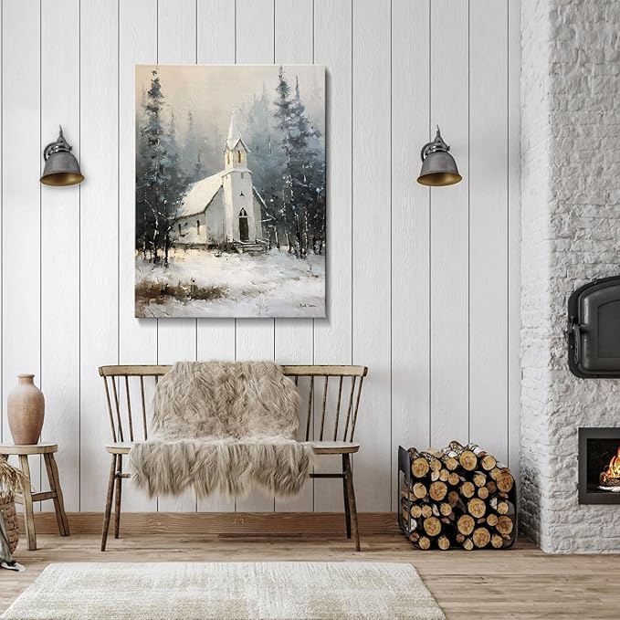 Snowy Winter Cabin Christmas Wall Art - Rustic Landscape Canvas Prints for Bedroom & Office, Ready to Hang Framed Picture, Perfect Christmas Gifts & Festive Winter Decor