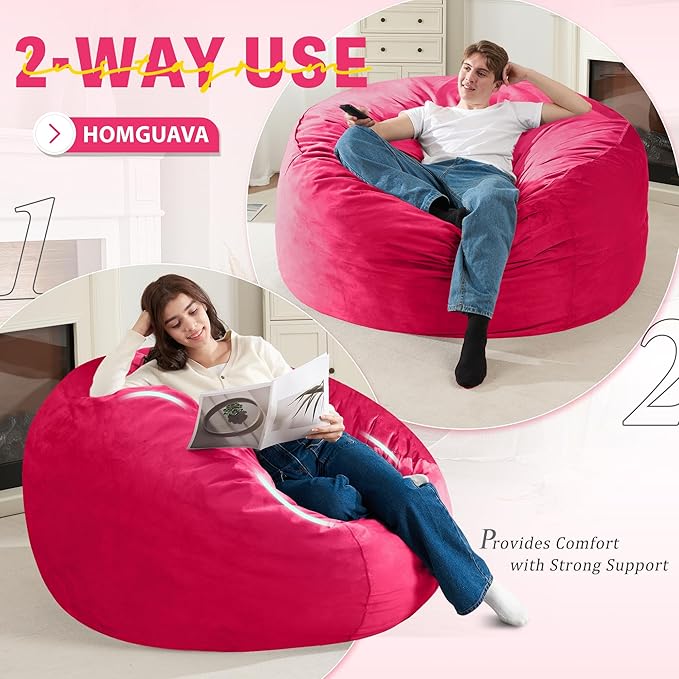 Homguava 4 FT Bean Bag Chair: 4' Bean Bags with Memory Foam Filled, Large Beanbag Chairs Soft Sofa with Dutch Velvet Cover-Pink