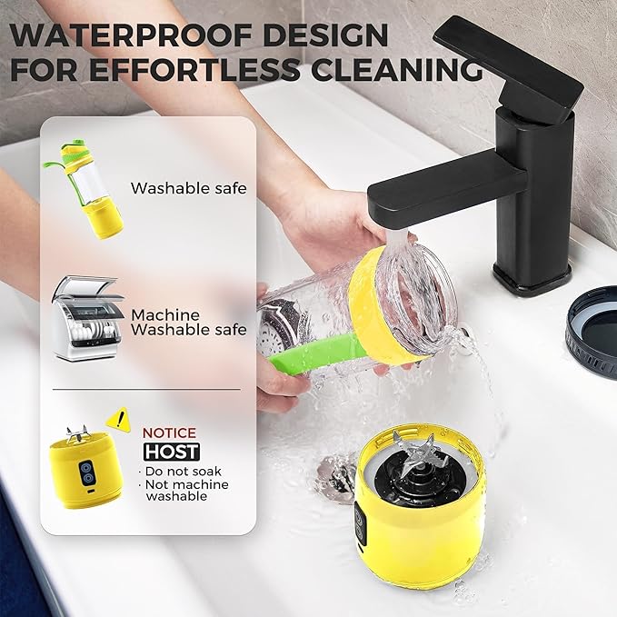 Portable Blender, Anti-Jamming 300 Watt for Shakes and Smoothies, 24oz Travel Blender USB Rechargeable, BPA Free Sporty bottle with a Travel Lid. (Black Base Grey Lid) (Yellow Base Green Lid)