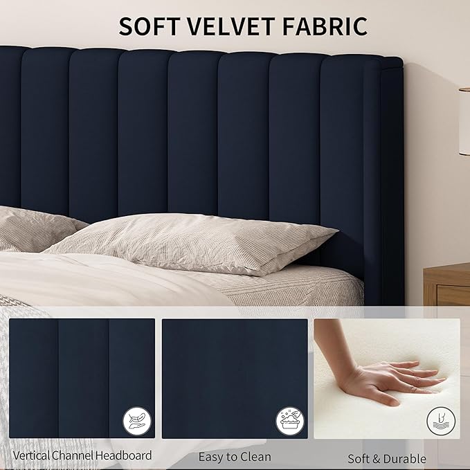 Queen Size Upholstered Platform Bed Frame with Modern Wingback & Vertical Panel Headboard, Linen Fabric, Wooden Legs & Slats Support, No Box Spring Needed, Noise-Free & Easy Assembly, Dark Blue