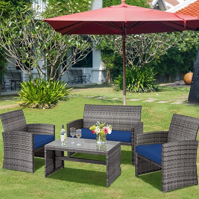 Tangkula 4 PCS Wicker Patio Conversation Set, Outdoor Rattan Sofas with Table Set, Patio Furniture Set with Soft Cushions & Tempered Glass Coffee Table for Poolside Balcony