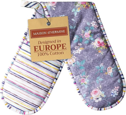 Maison d' Hermine Sweet Rose Lavender 100% Cotton Double Oven Glove with Loop Heat Resistant BBQ Cooking Baking Grilling Microwave Barbecue Spring/Summer (7.5 Inch by 35 Inch)