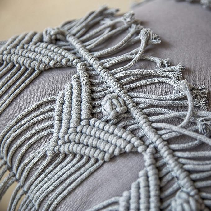 Phantoscope 100% Cotton Handmade Symmetry 3D Crochet Woven Boho Throw Pillow Farmhouse Pillow Insert Included Decorative Cushion for Couch Sofa Grey 18 x 18 inches 45 x 45 cm