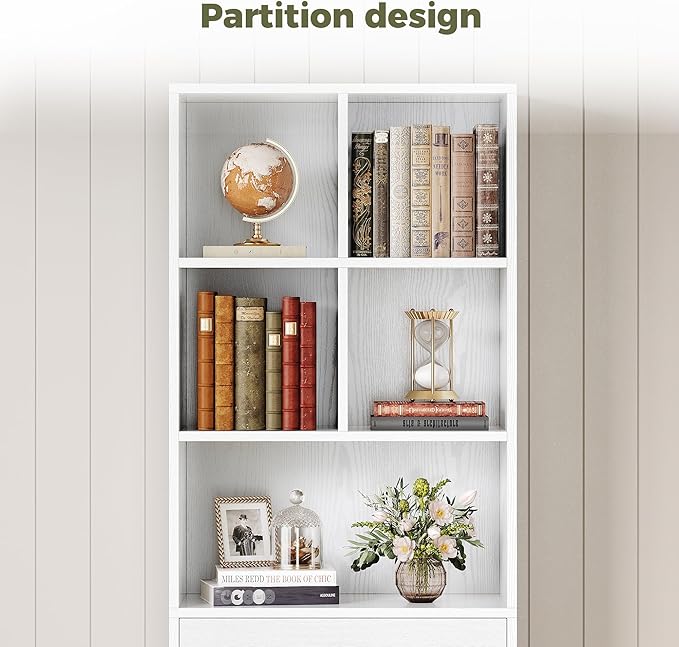 IRONCK Bookcase and Bookshelves, 70" Tall Bookshelf Floor Standing 6 Tiers Display Storage Shelves, Book Shelf with Drawers for Home Office, Living Room, Bedroom, Library, White