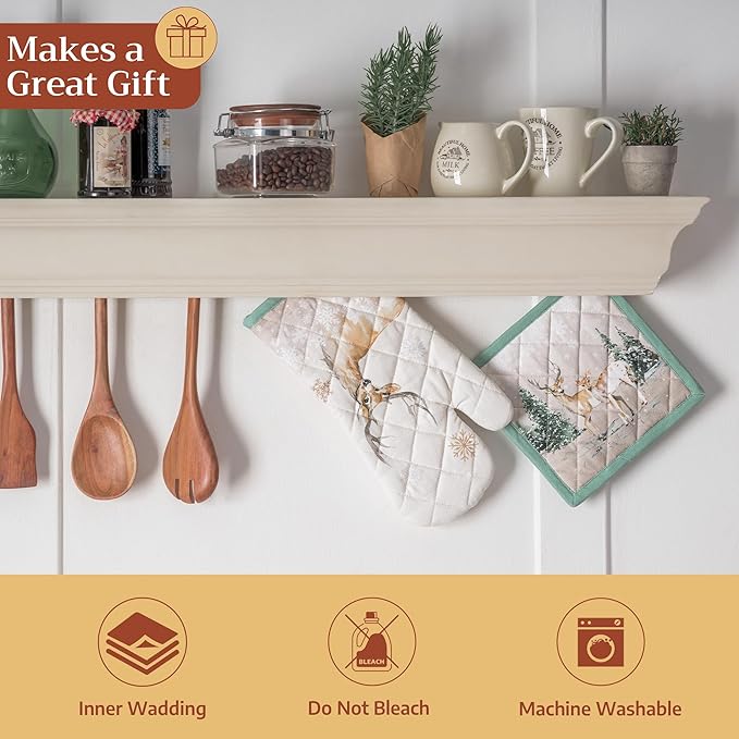 Maison d' Hermine 100% Cotton Oven Mitt & Pot Holder Set (7.5"x13" & 8"x8") Heat Resistant BBQ Cooking Gloves with Loop for Thanksgiving Christmas Decorations Handling Hot Pans (Deer in The Woods)