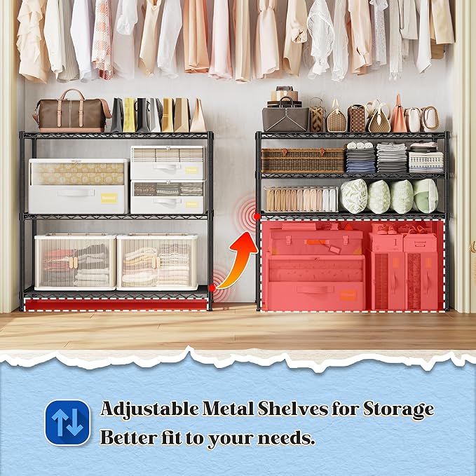 3- Shelf Metal Shelving Unit Adjustable Storage Shelves Heavy Duty Garage Shelving Steel Wire Shelving for Laundry Bathroom Kitchen Pantry Closet Garage Black, 35.6Wx14Dx36H