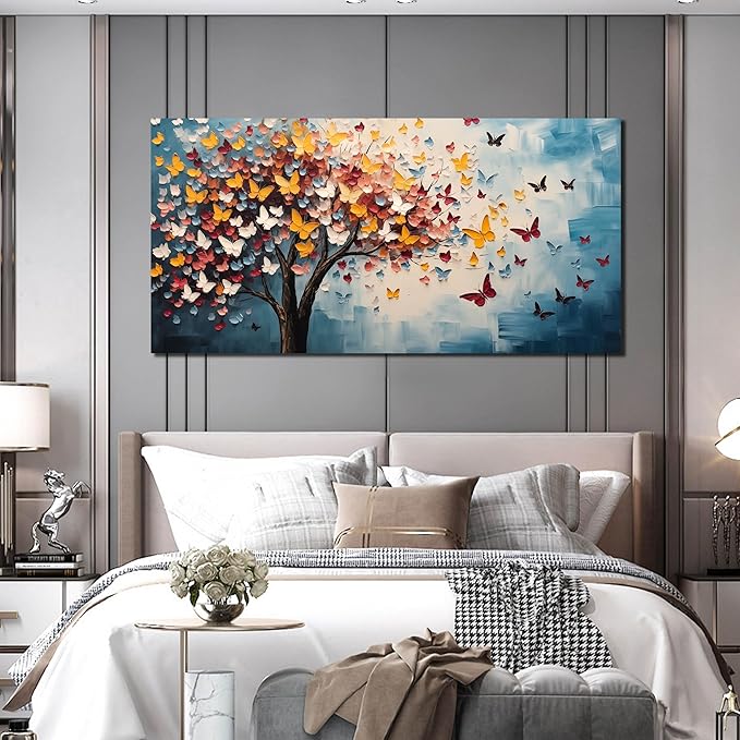 Butterfly Tree Canvas Wall Art for Living Room Bedroom Home Office Blue Colorful Tree of Life Wall Art Modern Large Framed Canvas Prints Size 29x59