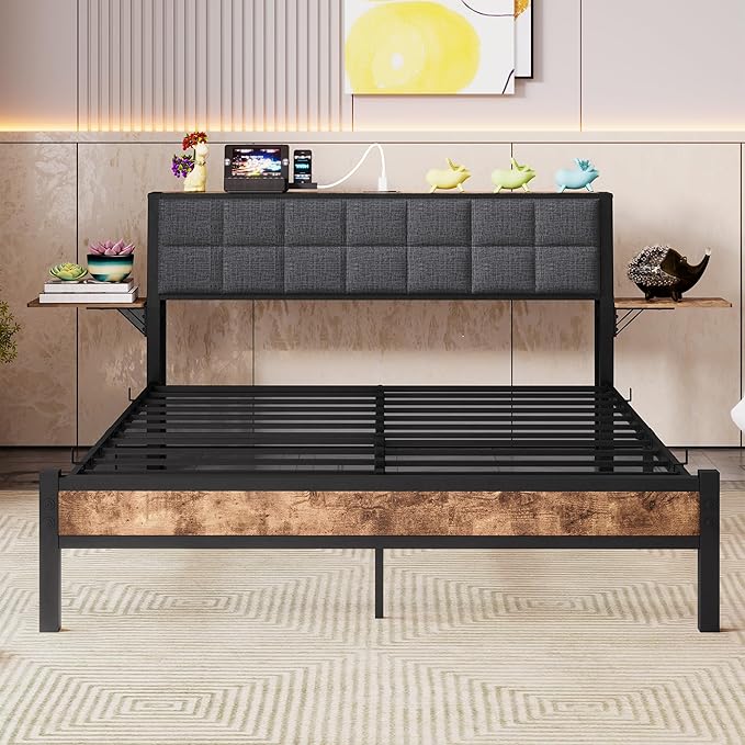 Full Size Metal Bed Frame with Ergonomic Upholstered Headboard and Charging Station, Platform Bed Frame with Storage Shelves, Heavy Duty Metal Slats, No Box Spring Needed, Brown+Grey