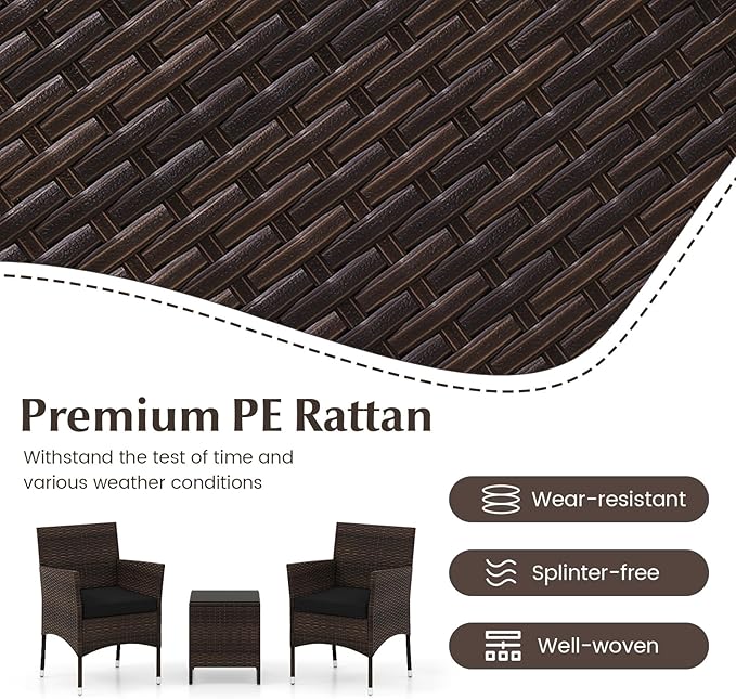 Tangkula 3 Pieces Patio Rattan Furniture Set, Outdoor Conversation Set with PE Wicker Armchairs, Tempered Glass Top Coffee Table, Soft Removable Cushions, for Porch Garden Yard Balcony (Black)