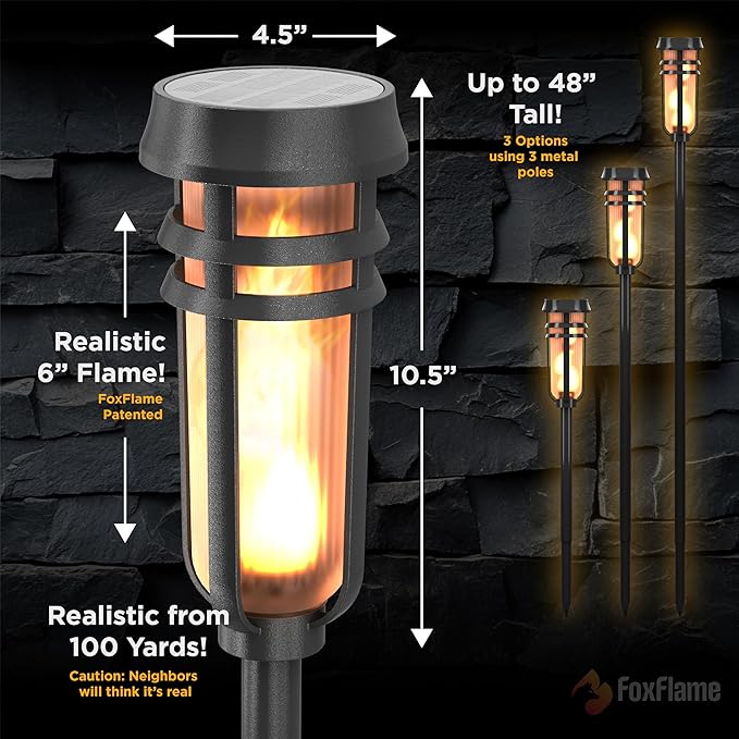 Metal Solar Torch Lights - Adjustable Height (24" - 50"), Outdoor Garden Decor with Patented LED, Waterproof Solar Tiki Torches for Yard, Patio, Garden Pathway, Matte Black – 1 Pack