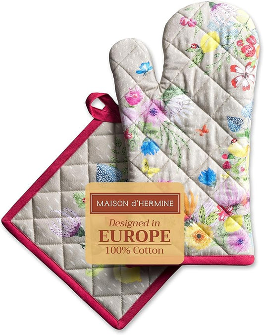 Maison d' Hermine 100% Cotton Oven Mitt & Pot Holder Set (7.5"x13" & 8"x8") Heat Resistant BBQ Cooking Gloves with Loop, Baking, Grilling, Kitchen, Handling Hot Pans Spring/Summer (Jardin D'Ete - Fog)