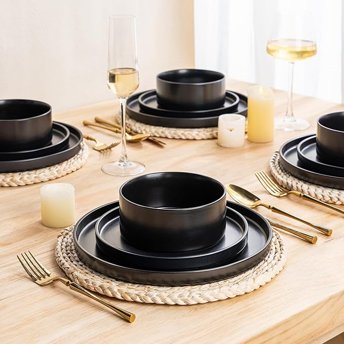 GBHOME Ceramic Dinnerware Sets for 8, Stoneware Plates and Bowls Sets, Chip and Scratch Resistant Dishes, Dishwasher & Microwave& Oven Safe Dishes sets, Reactive Glaze-Black