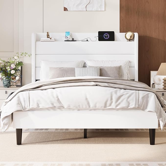 SHA CERLIN Queen Bed Frame with Charging Station, Velvet Upholstered Platform Bed, Wingback Storage Headboard, Type-C & USB Ports, Strong Wooden Slats, No Box Spring Needed, Easy Assembly, White