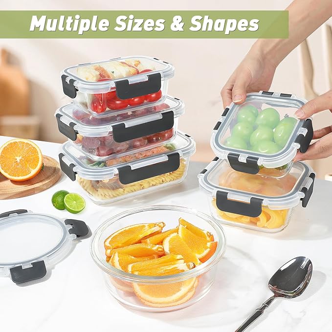 BAYZZ 24 Piece Glass Food Storage Containers with Lids, Airtight Glass Meal Prep Containers for Kitchen, BPA-Free Lunch Box, Microwave and Freezer Safe