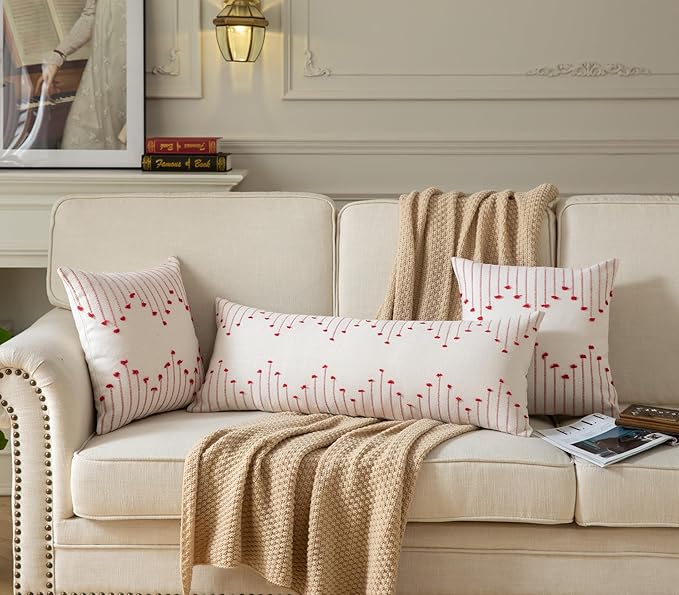 Christmas Lumbar Pillow Cover 14x36 Long Pack of 1 Decorative Pillows Bed, Beige with Red Body Throw Pillow Covers, for Modern Farmhouse Sofa Bedroom Living Room Home Decor Couch Pillowcase