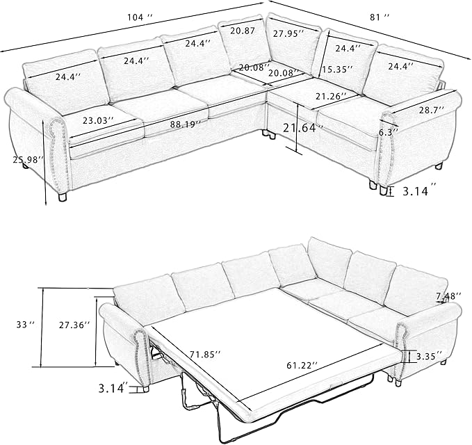 Ball & Cast 104" Sleeper Sofa Bed, L Shaped 6 Seater Sectional Sofa Couch with Pull Out Bed, 2 in 1 Pull Out Couch for Living Room, Office, Apartment,Brown