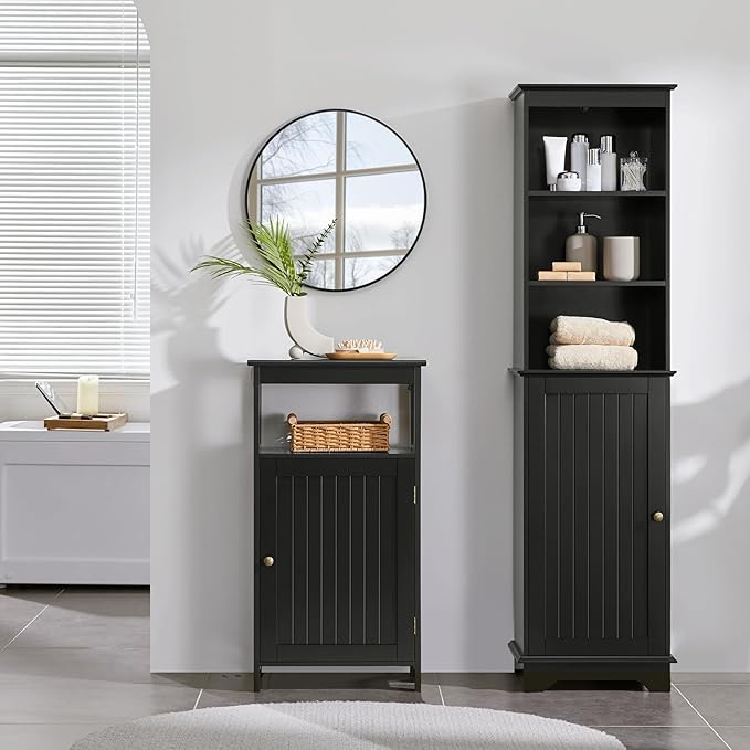 Yaheetech 4-Tier Bathroom Floor Storage Cabinet, Bathroom Free Standing Storage Organizer with Single Door and Adjustable Shelf, Narrow Side Cabinet for Living Room, Kitchen, Hallway, Black