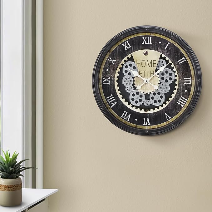 20 Inch Steampunk Wall Clock with Decorative Gears, Industrial Vintage Analog Clock for Living Room, Farmhouse, Office Decor, Silent Non-Ticking Battery Operated,Brown