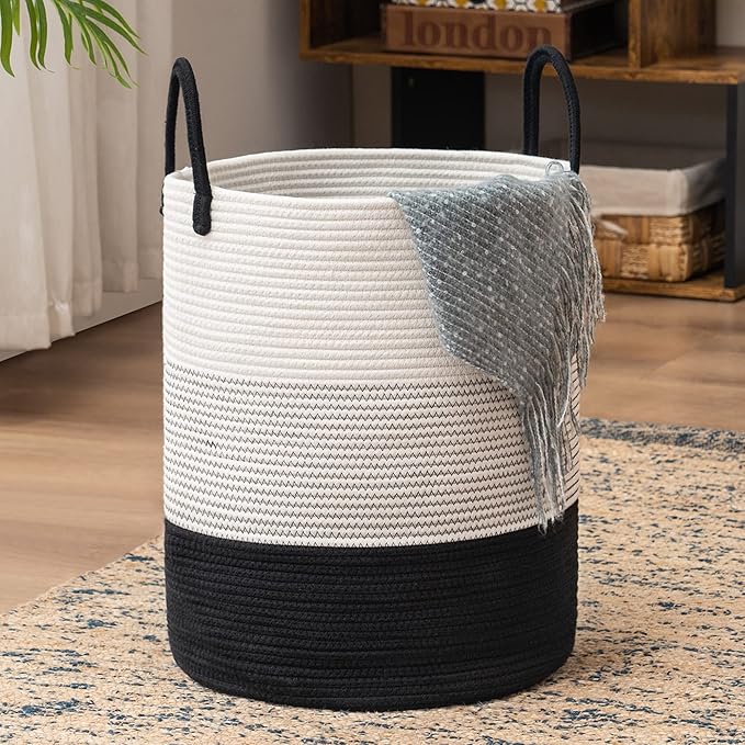 Woven Rope Laundry Hamper Basket, 72L Tall Laundry Basket, Baby Nursery Hamper for Blanket Storage in Bedroom-Large-Dark White