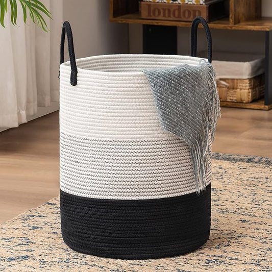Woven Rope Laundry Hamper Basket, 72L Tall Laundry Basket, Baby Nursery Hamper for Blanket Storage in Bedroom-Large-Dark White