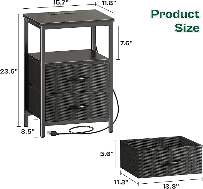 Huuger Night Stand with Charger Station and LED Lights, 2 Drawer Nightstand, Bed Side Table with Open Shelf, End Table, Fabric Dresser for Bedroom, Black