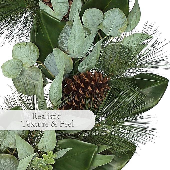 CG Hunter Holiday Collection Faux Wreath, Premium Artificial Indoor and Outdoor Large 28" Magnolia, Eucalyptus, Pinecone, Needle Pine Christmas Wreath, Christmas Decorations and Holiday Greenery