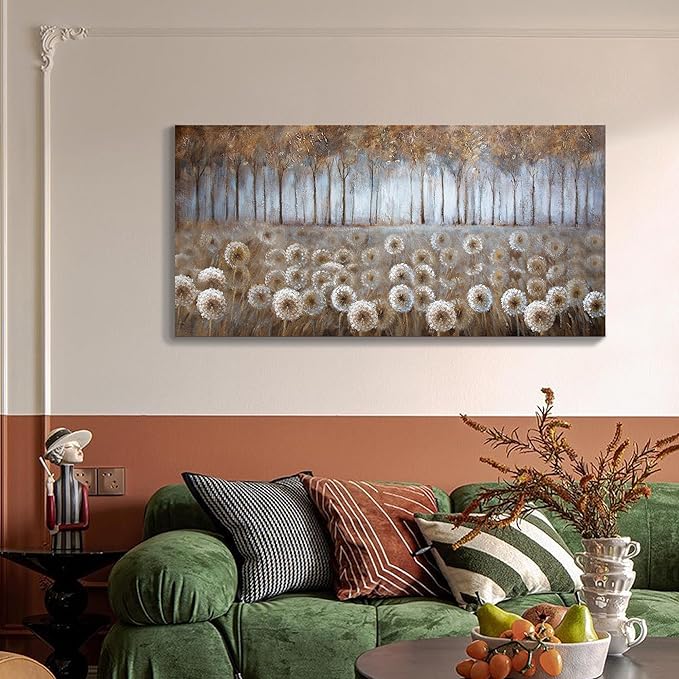 Large Living Room Wall Decor Brown Dandelion Canvas Wall Art Abstract Tree Forest Theme Picture Wall Decoration Modern Framed Prints Artwork Ready to Hang for Bedroom Home Wall Decor Size 29x58 inch