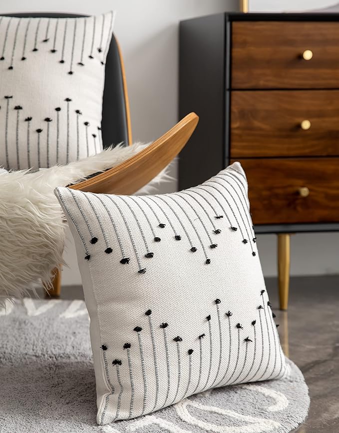 Caflife Boho Throw Pillow Covers 20x20 Set of 2 Decorative Pillows for Bed, Neutral Pillow Covers Beige with Black Line Throw Pillows for Modern Farmhouse Couch Sofa Living Room Outdoor