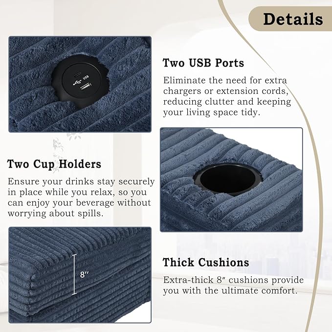 Merax 86.5" W*62" L Oversized Sleeper Sofa Bed, Corduroy Upholstery Sectional Couch Loveseat Chaise Lounge with 2 Throw Pillows, USB Ports, Cup Holders for Living Room and Bedroom, Blue