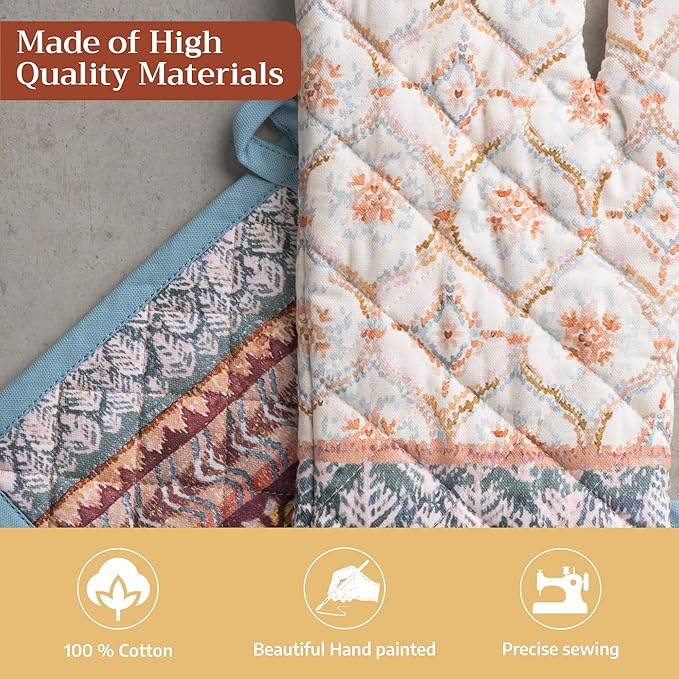 Maison d' Hermine 100% Cotton Oven Mitt & Pot Holder Set (7.5"x13" & 8"x8") Heat Resistant BBQ Cooking Gloves with Loop for Thanksgiving Christmas Decorations Handling Hot Pans (Fair Isle)