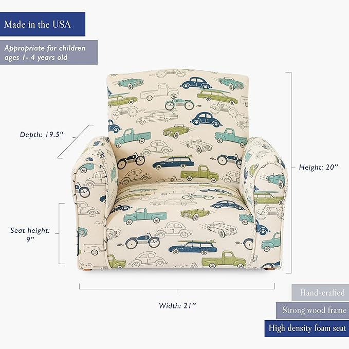 Toddler Personalized Armchair, Kids Upholstered Rocking Chair with Personalization, Toddler Chair with Personalized Name, Comfy Child Armchair, (Cars & Trucks Print, Rockers)