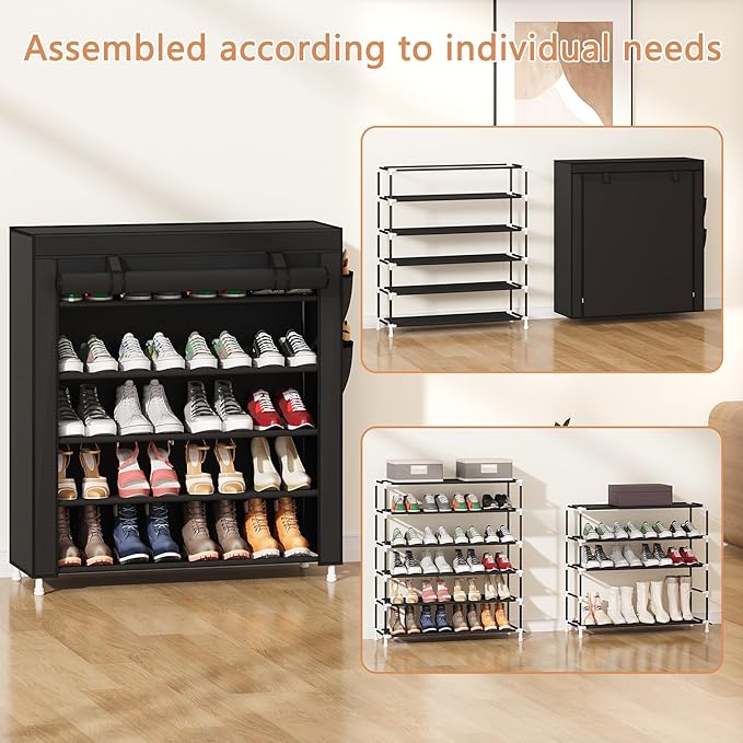 Laiensia 5-Tier Vertical Shoe Rack Organizer, Space Saving Shoe Storage Organizer, Non-Woven Cover Shoe Shelf Holds 20-25 Pairs for Bedroom, Hallway, Closet Entryway, Black